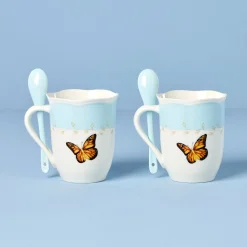 Butterfly Meadow Blue Mugs with Spoons, Set of 2