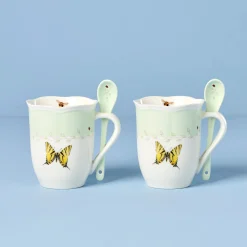 Butterfly Meadow Green Mugs with Spoons, Set of 2