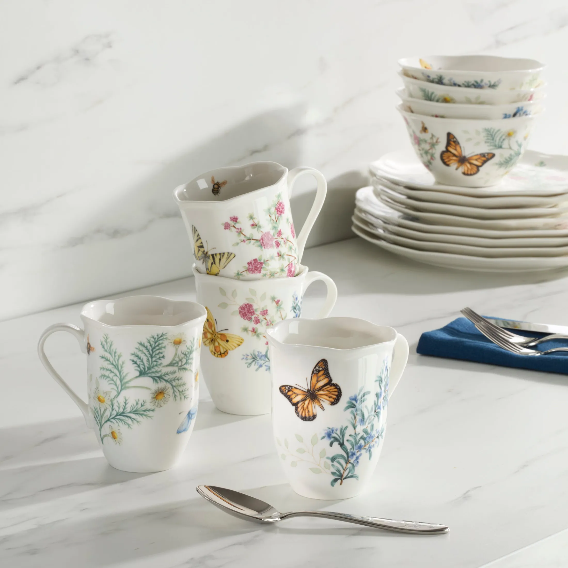 Butterfly Meadow Herbs Mugs, Set of 4
