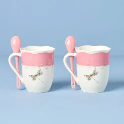 Butterfly Meadow Pink Mugs with Spoons, Set of 2