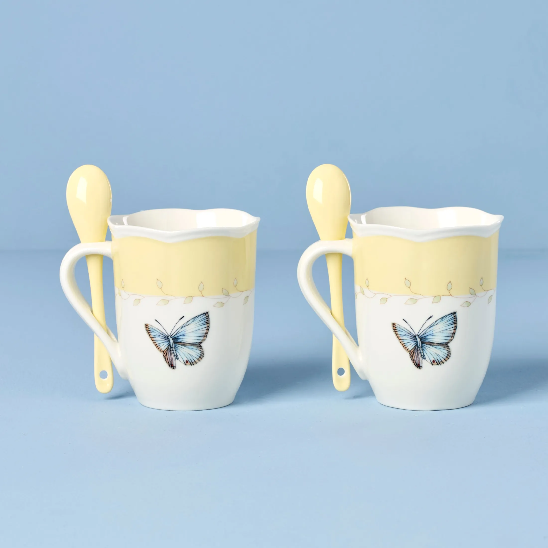 Butterfly Meadow Yellow Mugs with Spoons, Set of 2