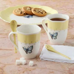 Butterfly Meadow Yellow Mugs with Spoons, Set of 2