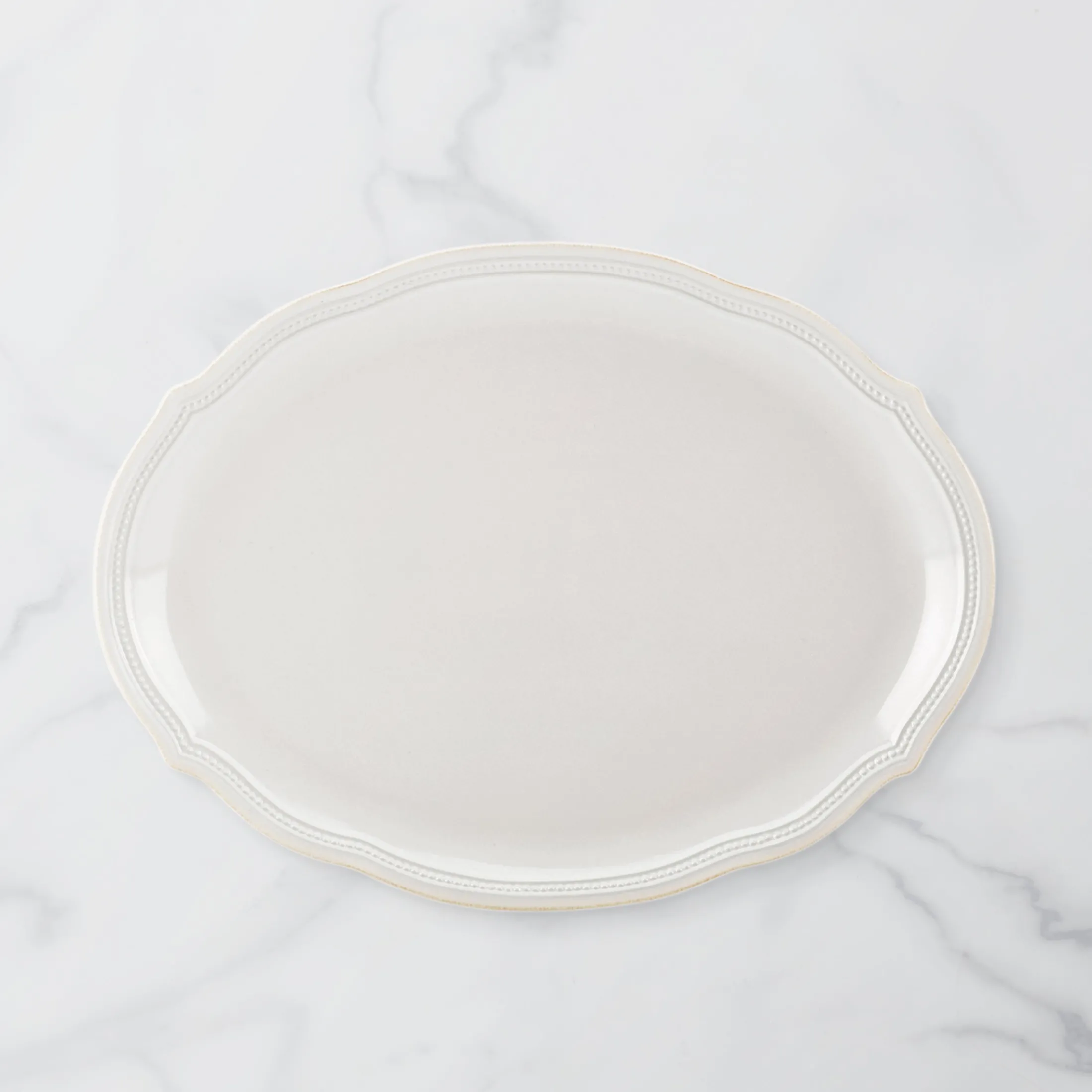 French Perle Bead White Oval Platter