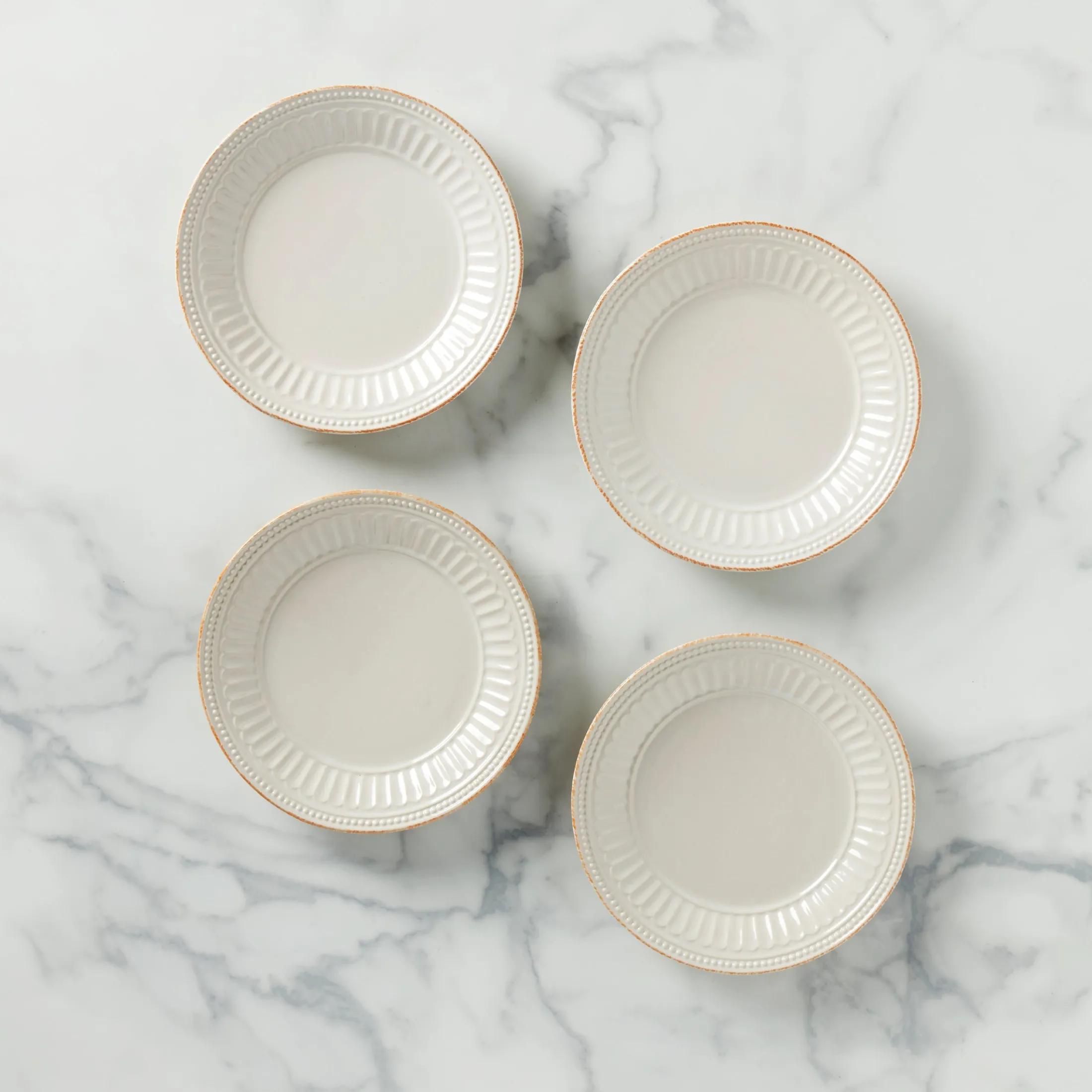 French Perle Groove White Dessert Plates, Set of 4