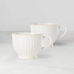 French Perle Groove White Latte Mugs, Set of 2