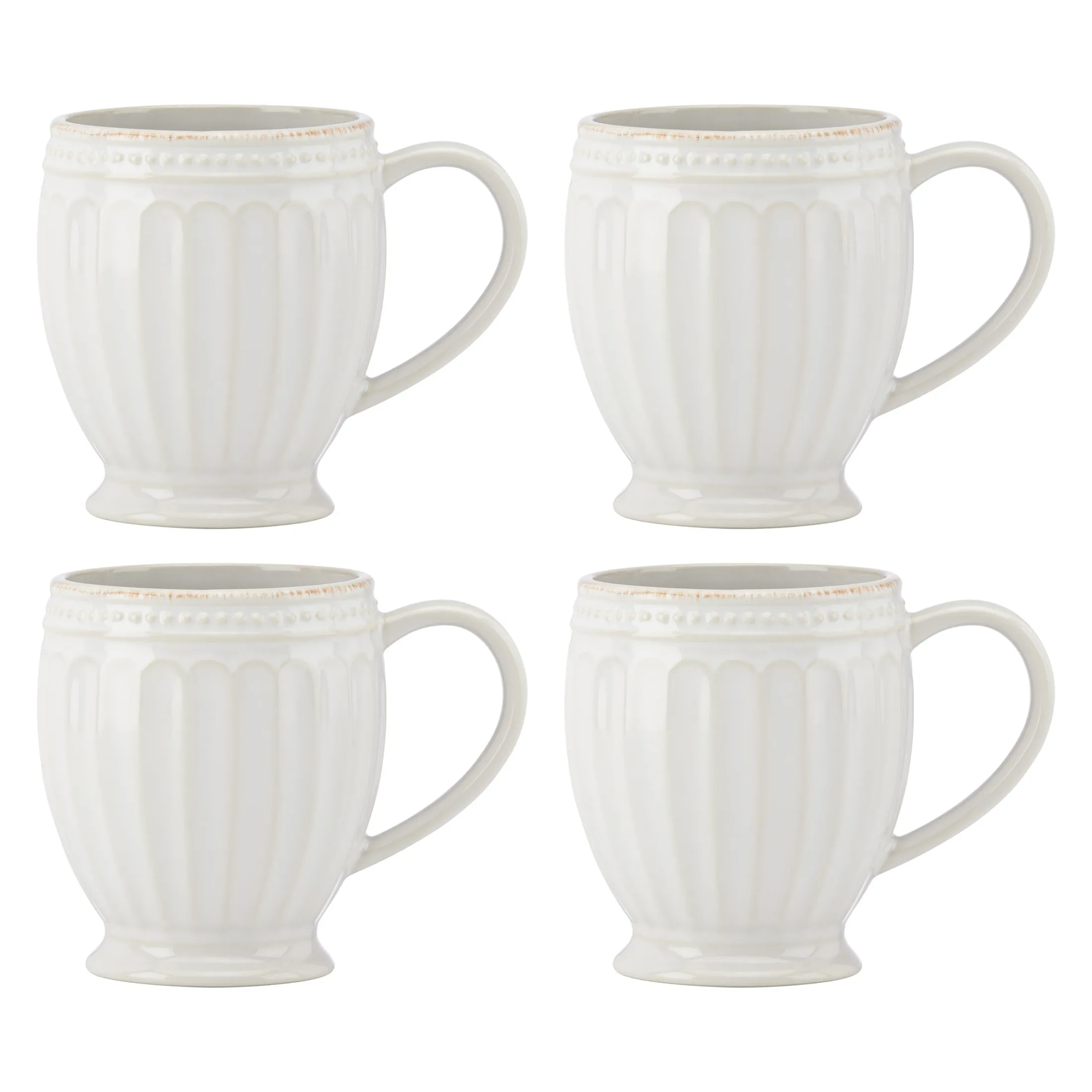French Perle Groove White Mugs, Set of 4