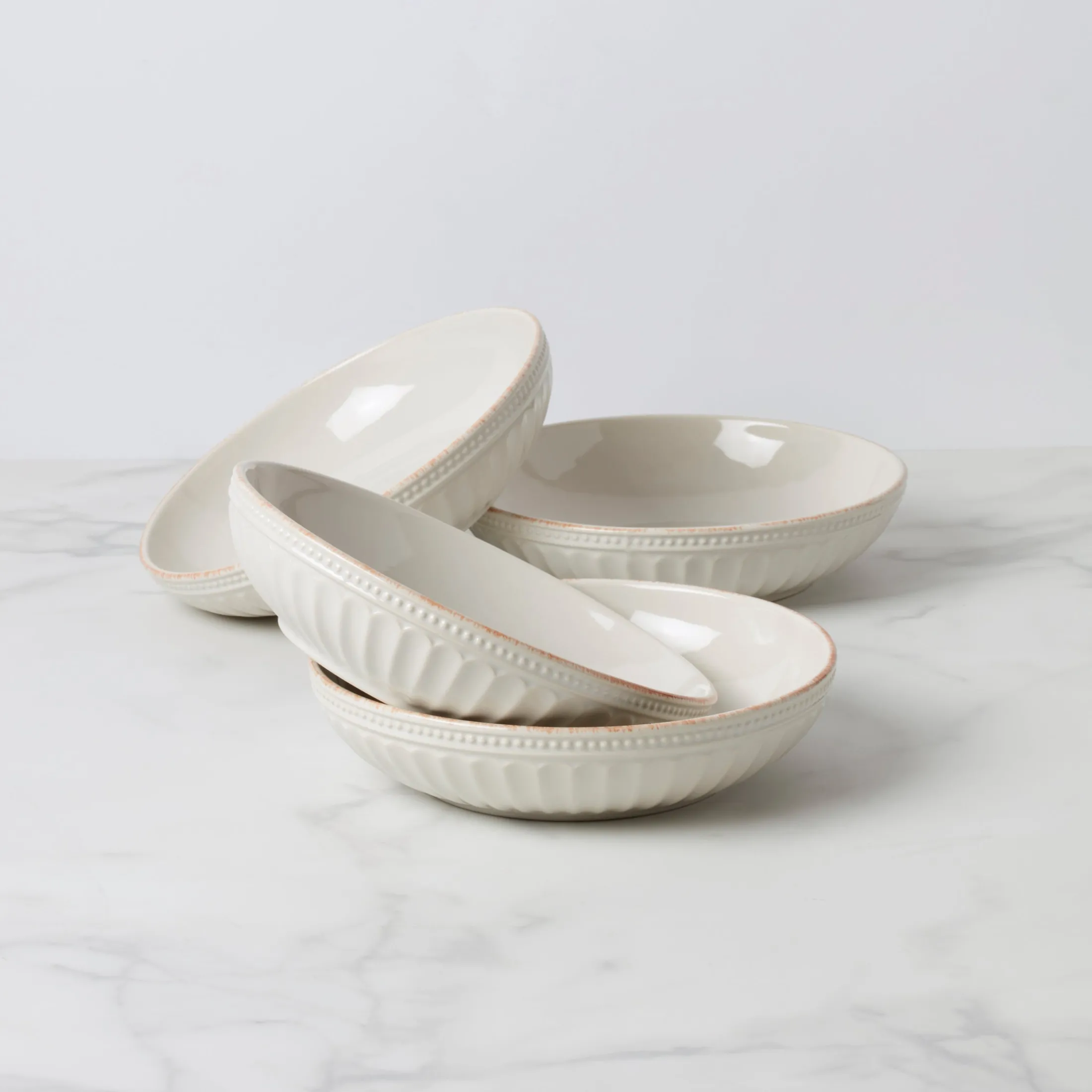 French Perle Groove White Pasta Bowls, Set of 4