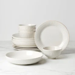 French Perle Groove White 12-Piece Dinnerware Set