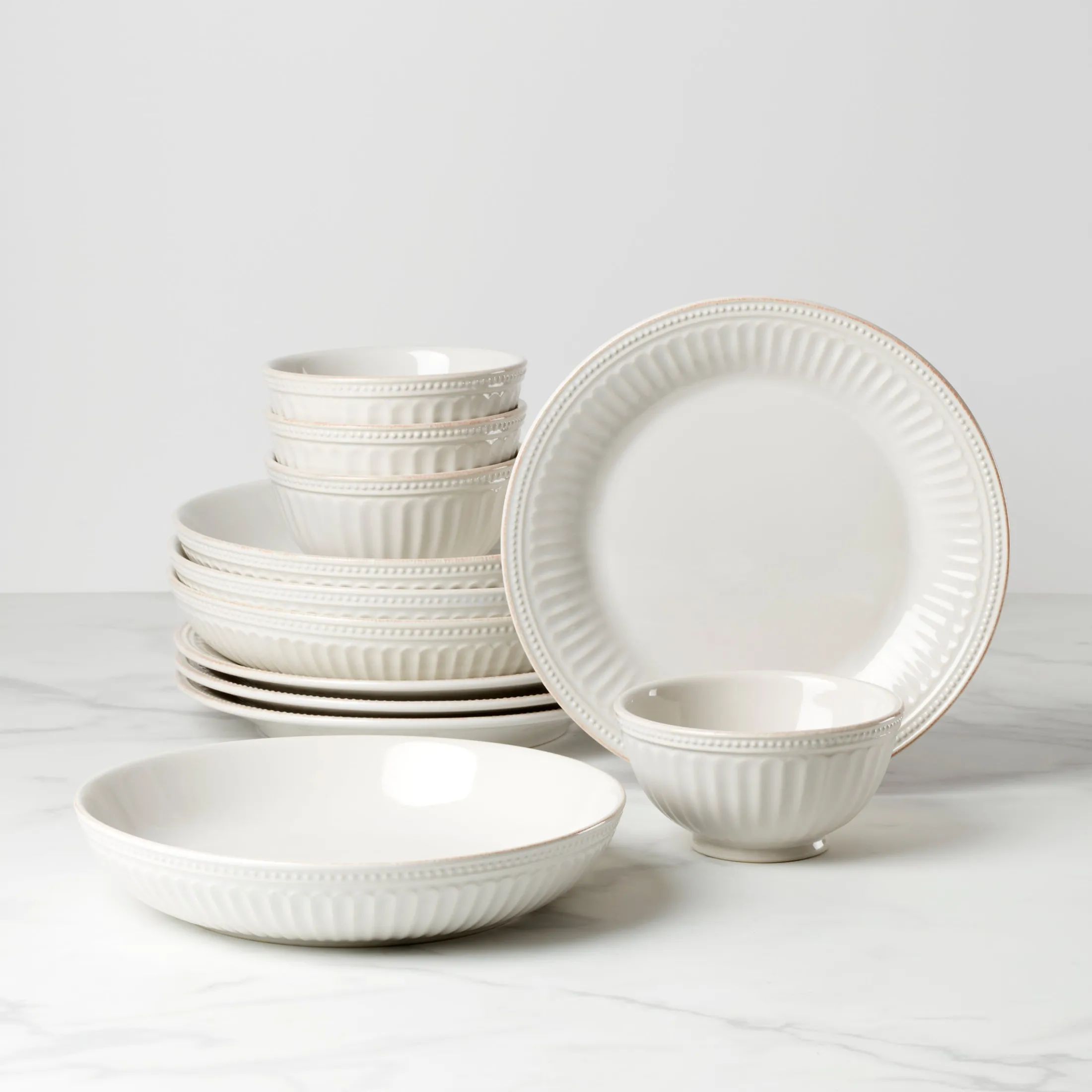 French Perle Groove White 12-Piece Dinnerware Set