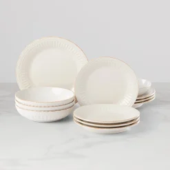 French Perle Groove White 12-Piece Dinnerware Set