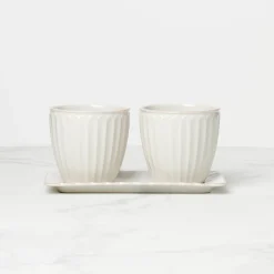 French Perle Scallop White 3-Piece Herb Pot Set