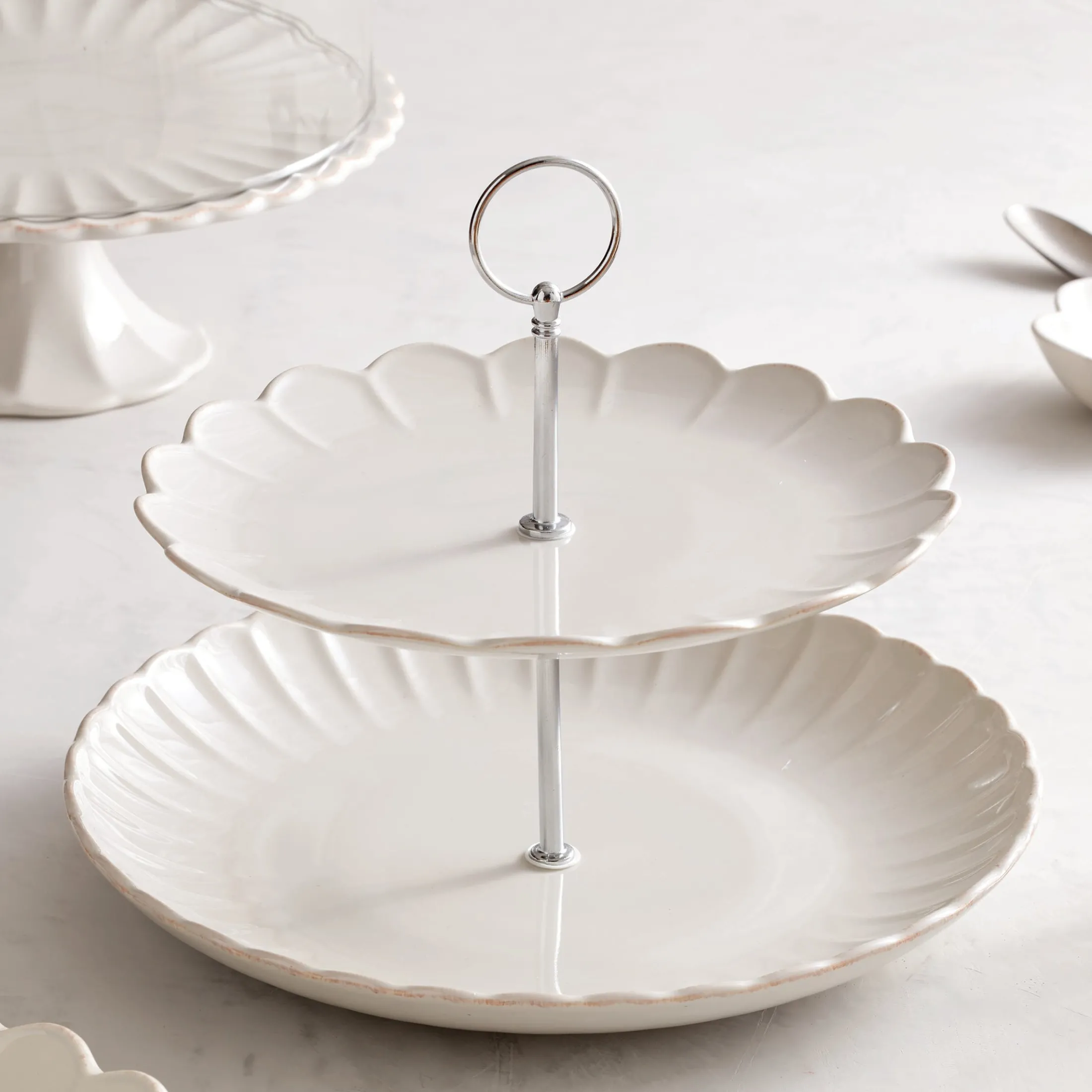 French Perle Scallop White 2-Tier Server