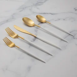 Mazzy Gold Satin White Pom Handle 20-Piece Flatware Set