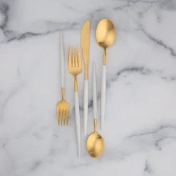 Mazzy Gold Satin White Pom Handle 20-Piece Flatware Set