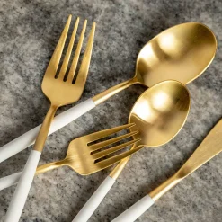 Mazzy Gold Satin White Pom Handle 20-Piece Flatware Set
