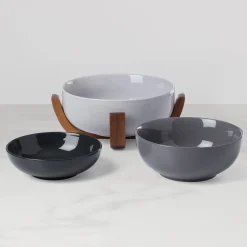 24 Seven Pumice 3-Piece Nesting Bowl Set with Wood Stand